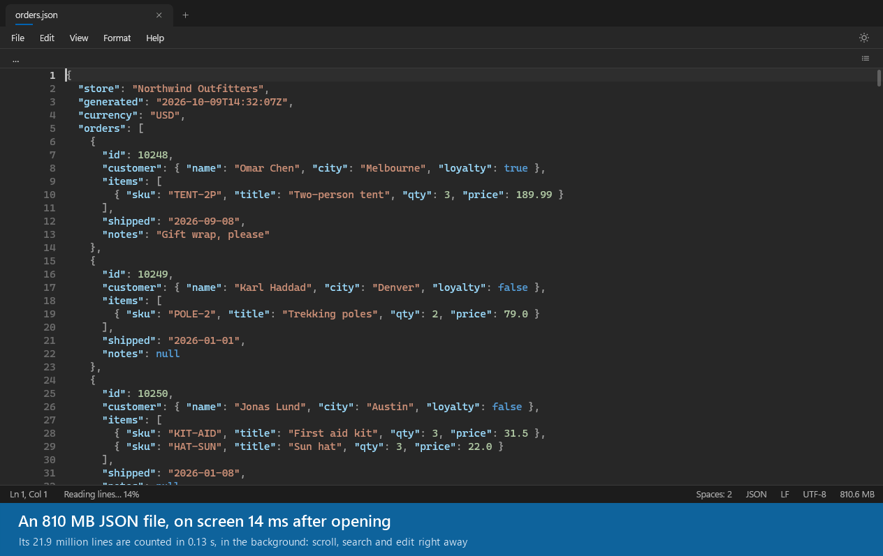 Slate opening an 810 MB JSON file, jumping to its last line, finding 435,571 matches in 0.3 seconds, and showing the structure of a 2-million-item list