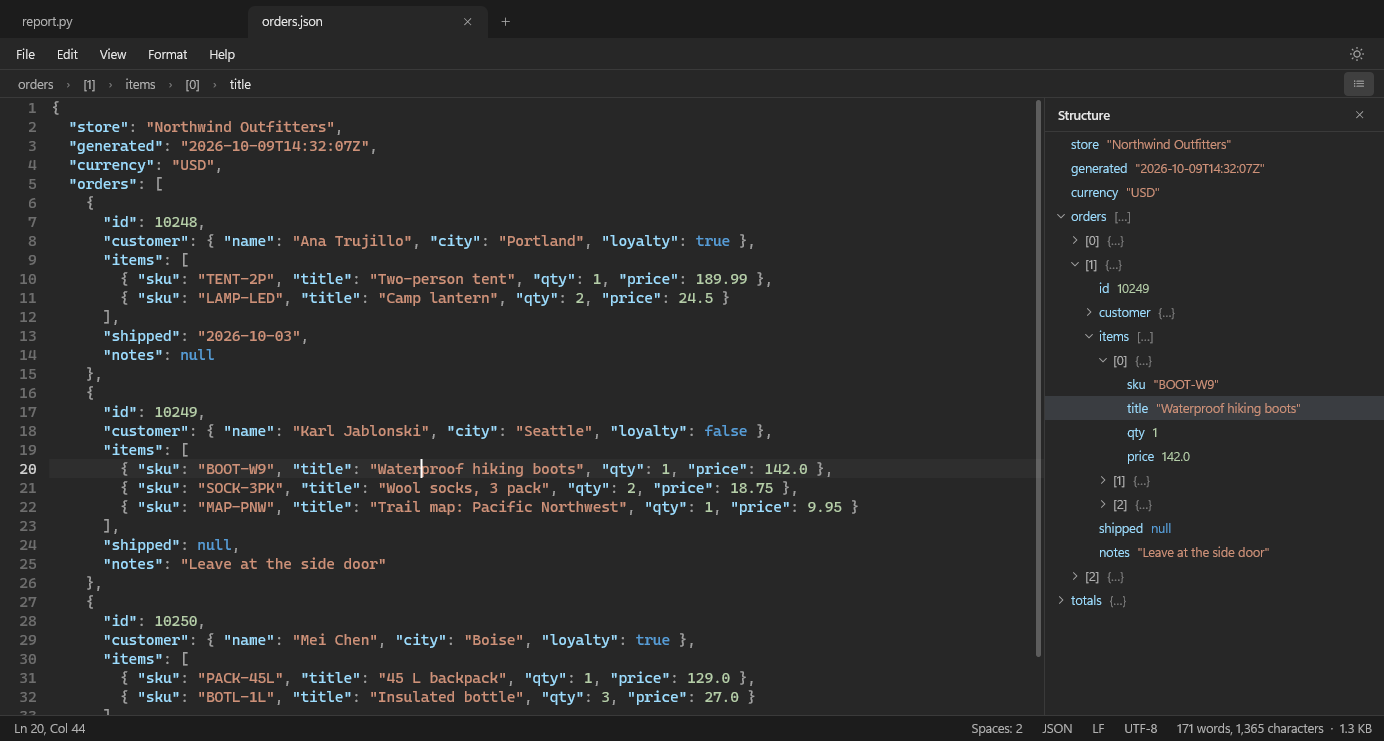 Slate on Windows in the dark theme, with a JSON file, the path bar and the structure panel