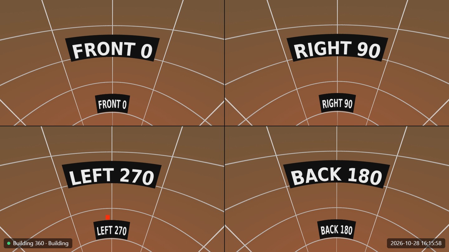 A 360° camera window in Quad view, four views of one fisheye picture, with the time in the corner