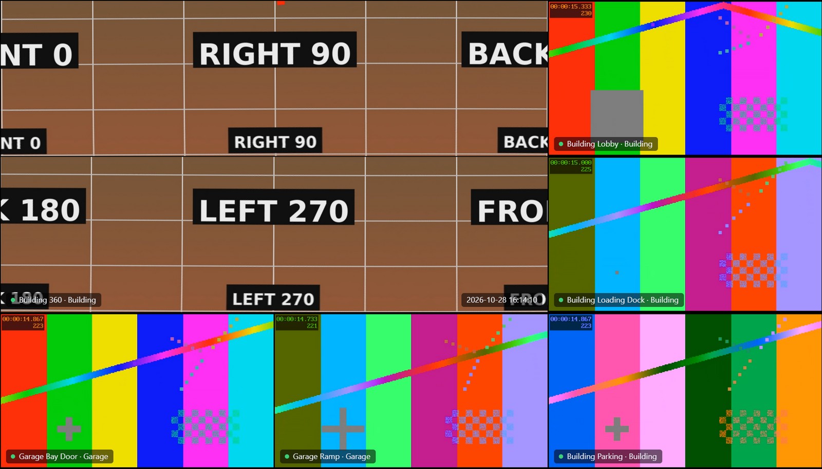 A grid window in a 1 + 5 layout, a 360° camera's panorama in the big tile