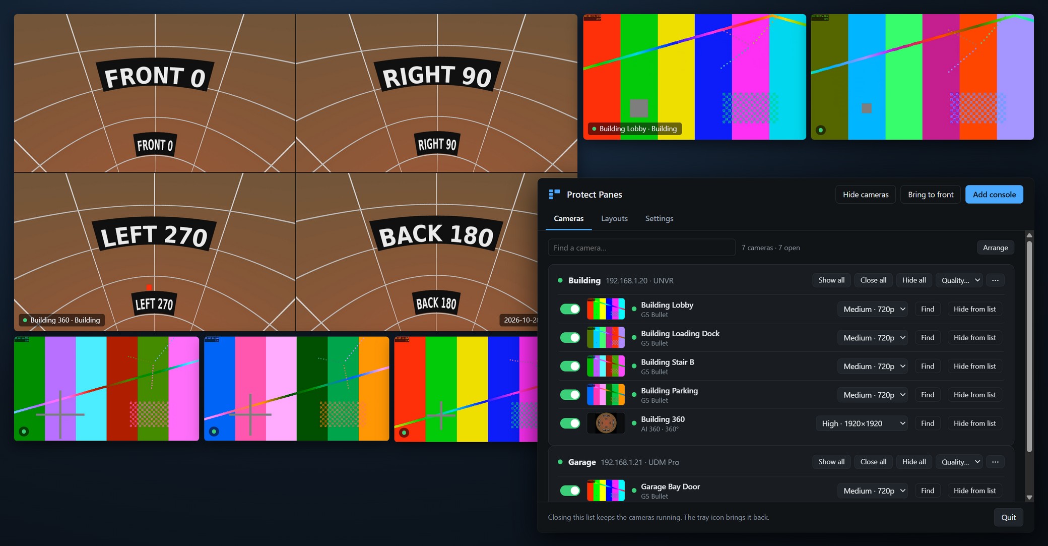 Camera windows of several sizes on a desktop, a 360° camera in Quad view among them, with the Protect Panes camera list in front showing two consoles and their cameras