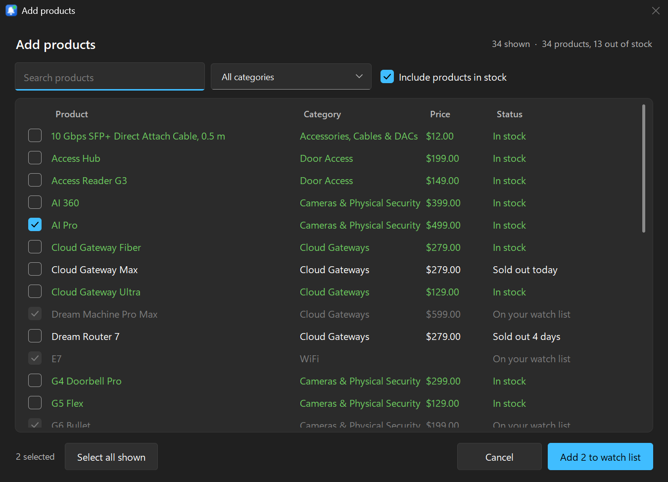 The Add products dialog: the store's catalog with check boxes, category, price and stock status, sold-out products showing how long they've been out
