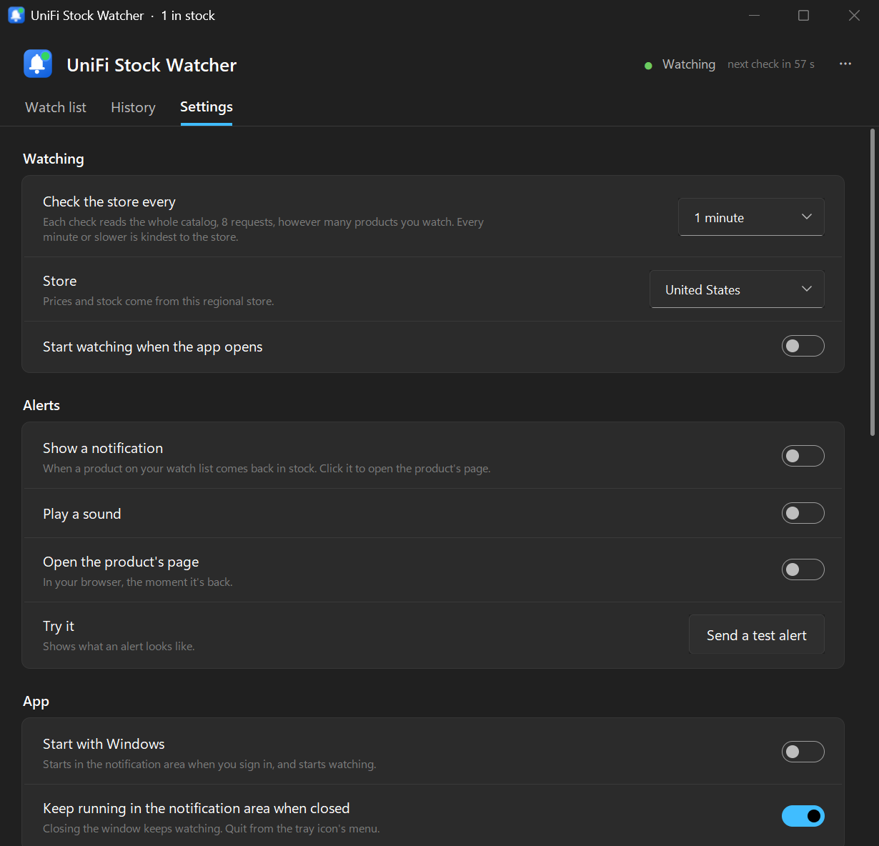 The Settings tab: how often to check, the store, alert switches and Start with Windows