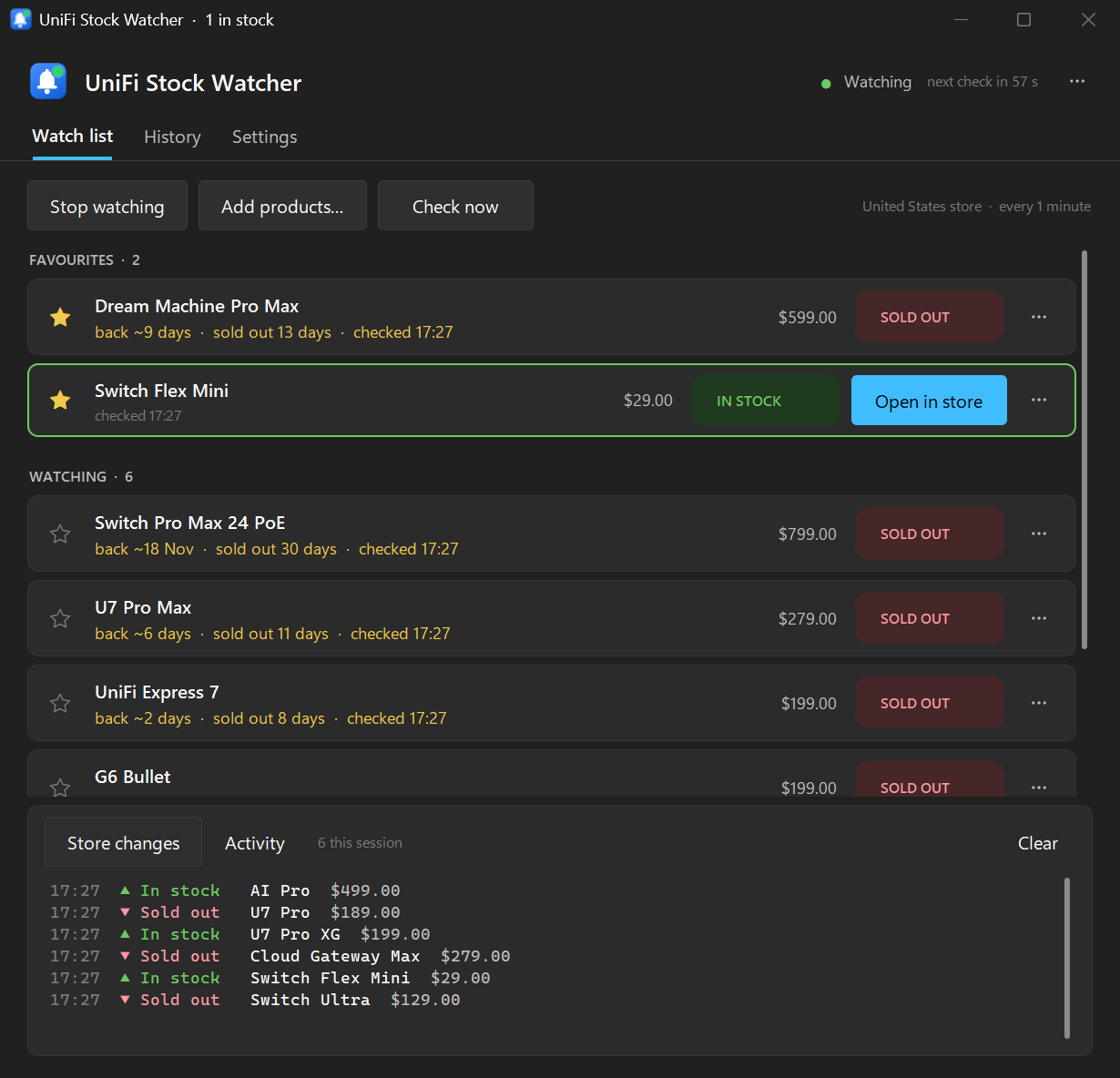 The watch list in the dark theme: favourites first, one product back in stock with an Open in store button, sold-out products with restock estimates, and the feed of changes across the store