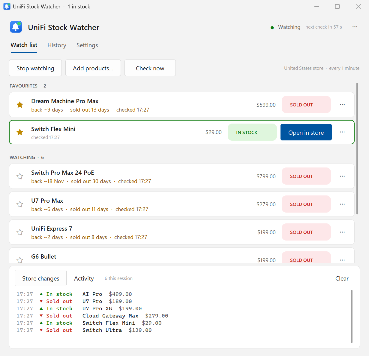 The watch list in the light theme